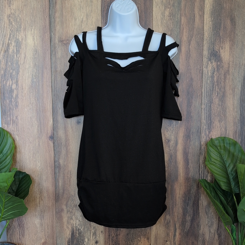 Cut-Out Shoulder Distressed Long Tee Shirt Cold Shoulder Top M   C607